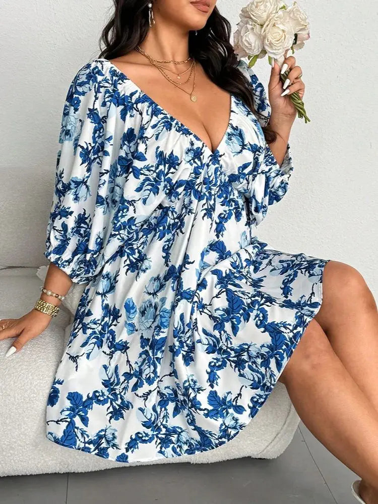 Robe de vacances romantique à imprimé Floral, grande taille, col en v, décontractée, élégante, Maxi, pour l'été MAEJORKEN