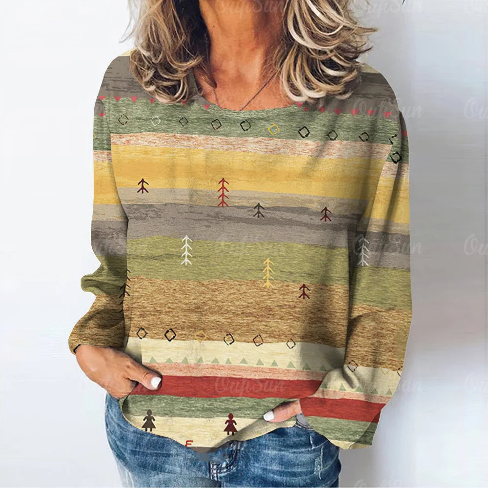 T-shirt à manches longues imprimé paysage naturel pour femmes, vêtements décontractés pour femmes, mode rétro, Y-03/adt MAEJORKEN