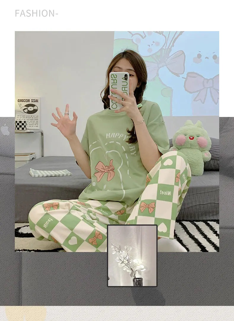 Pyjama doux en coton à manches courtes et pantalon imprimé du M au 3XL
