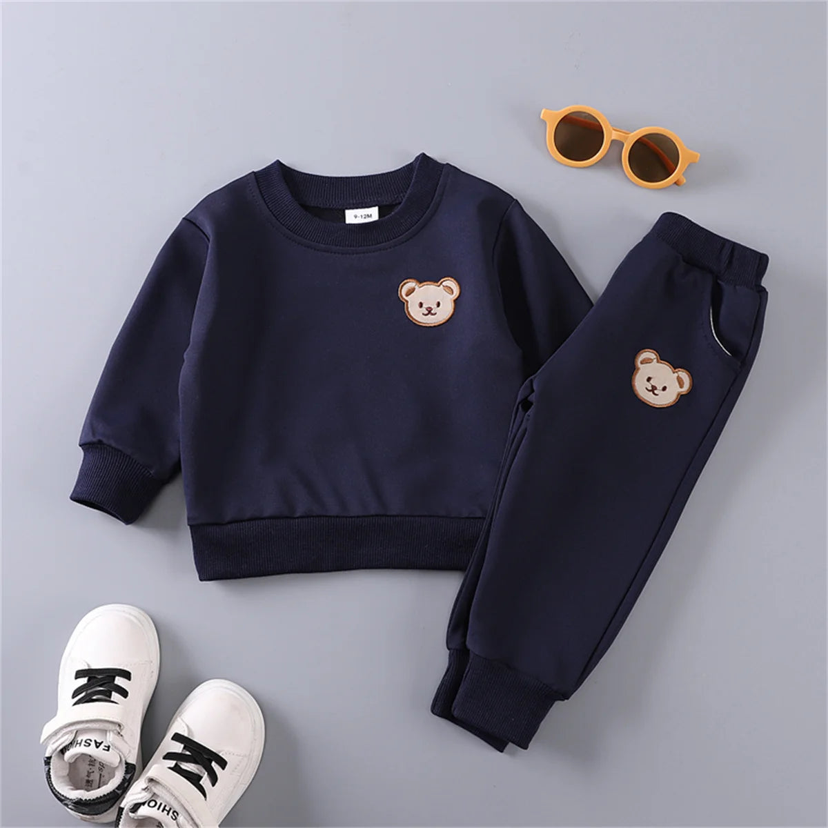 Ensemble 2 pièces pour enfants, pantalon Simple à manches longues et col rond avec tête d'ours, printemps et automne MAEJORKEN