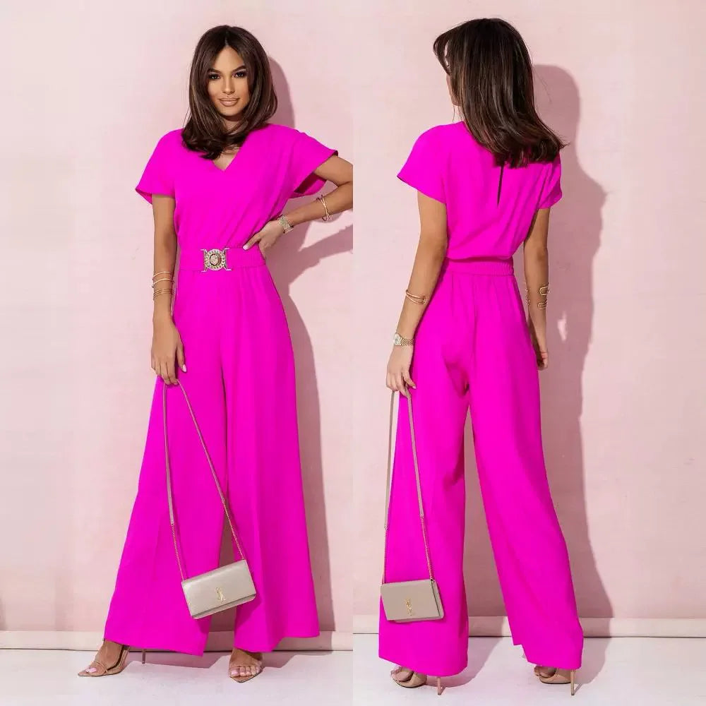 Mode col en v manches courtes taille haute combinaison femmes 2024 été solide jambe large élégant barboteuse Vintage combinaisons salopette femmes MAEJORKEN