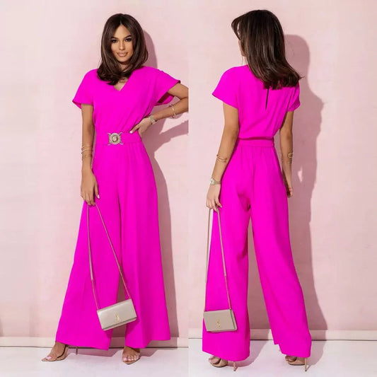 Mode col en v manches courtes taille haute combinaison femmes 2024 été solide jambe large élégant barboteuse Vintage combinaisons salopette femmes MAEJORKEN