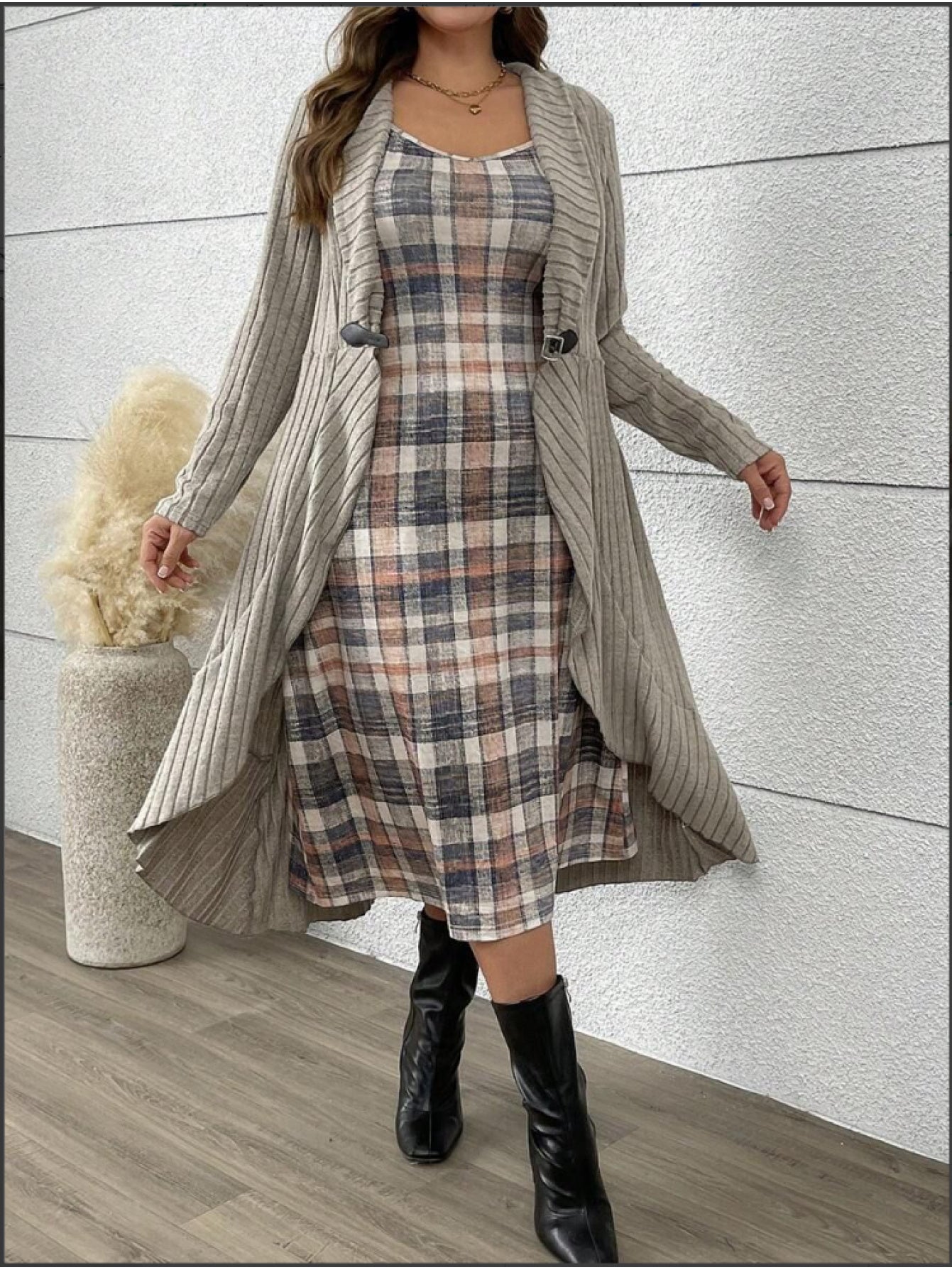 Ensemble deux pièces veste à manches longues et robe à carreaux grande taille du XL au 5XL