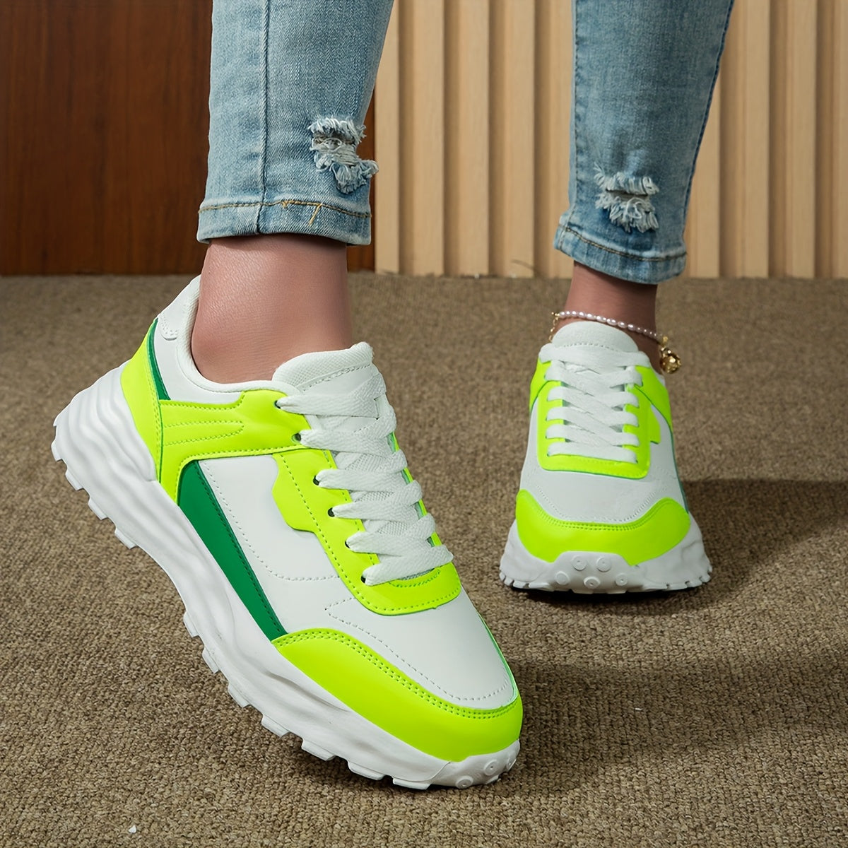 Women'S Casual Sneakers - Stylish Low-Top Lace-Up Shoes with Vibrant Neon Green & White Color Block Design, Breathable Fabric Lining, EVA Cushioned Sole for All-Season Outdoor Commuting & Casual Attire, Ladies Sneakers, Comfo MAEJORKEN
