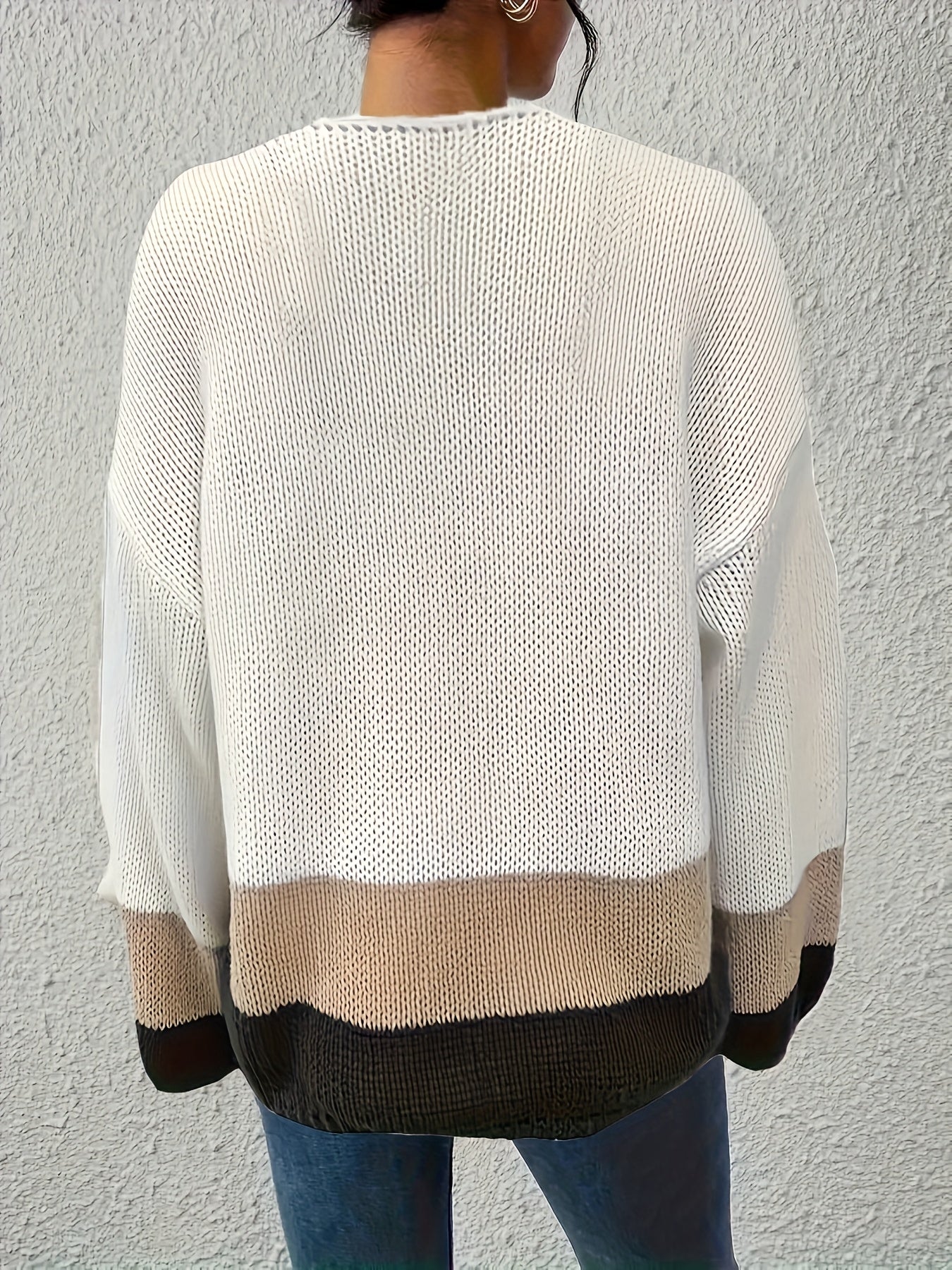 Plus Size, Women's Casual Striped Round Neck Sweater, Loose Fit Winter Pullover with Elasticity, V-Neck Stripe Autumn/Winter Top MAEJORKEN