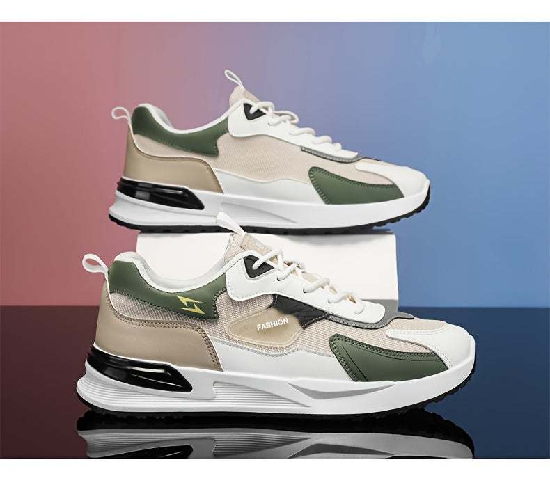 Men's Trendy Chunky Sneakers - Breathable Mesh Dad Shoes with Cushioned Insole, All-Season Wear, Green & Beige Color Scheme, Casual Sneakers for Walking, Running & Everyday Use MAEJORKEN