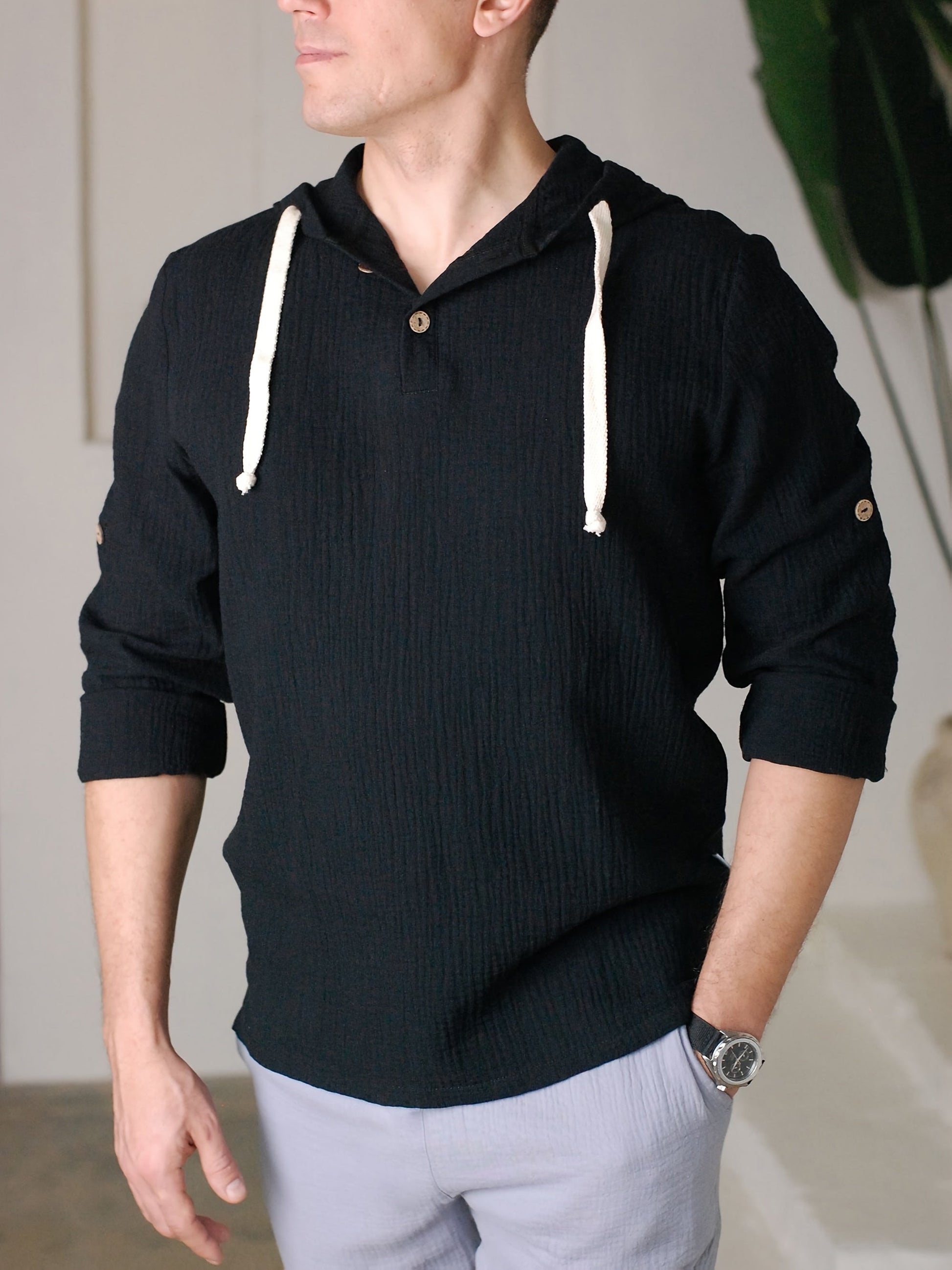 Men'S Casual Hooded Sweatshirt - Loose Fit Long Sleeve Pullover with Button Front, Solid Color, Spring/Fall Essential for Casual Attire, Casual Wear Hoodie MAEJORKEN