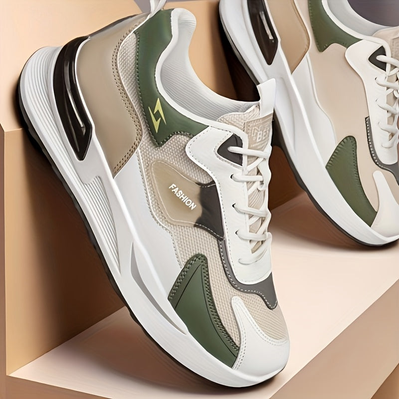Men's Trendy Chunky Sneakers - Breathable Mesh Dad Shoes with Cushioned Insole, All-Season Wear, Green & Beige Color Scheme, Casual Sneakers for Walking, Running & Everyday Use MAEJORKEN
