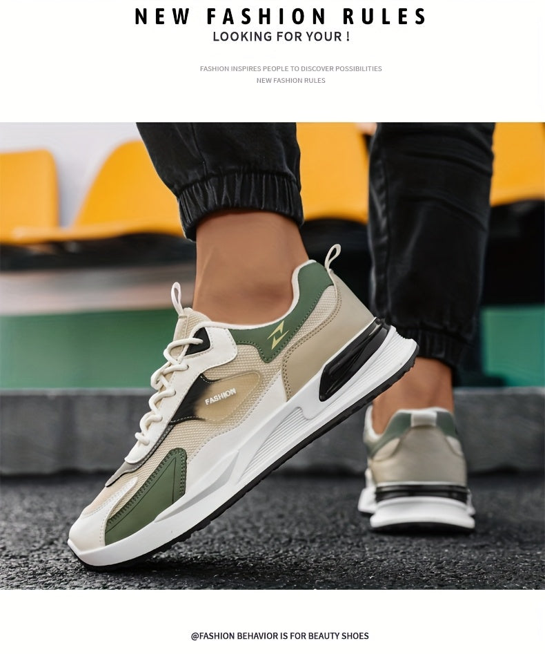 Men's Trendy Chunky Sneakers - Breathable Mesh Dad Shoes with Cushioned Insole, All-Season Wear, Green & Beige Color Scheme, Casual Sneakers for Walking, Running & Everyday Use MAEJORKEN