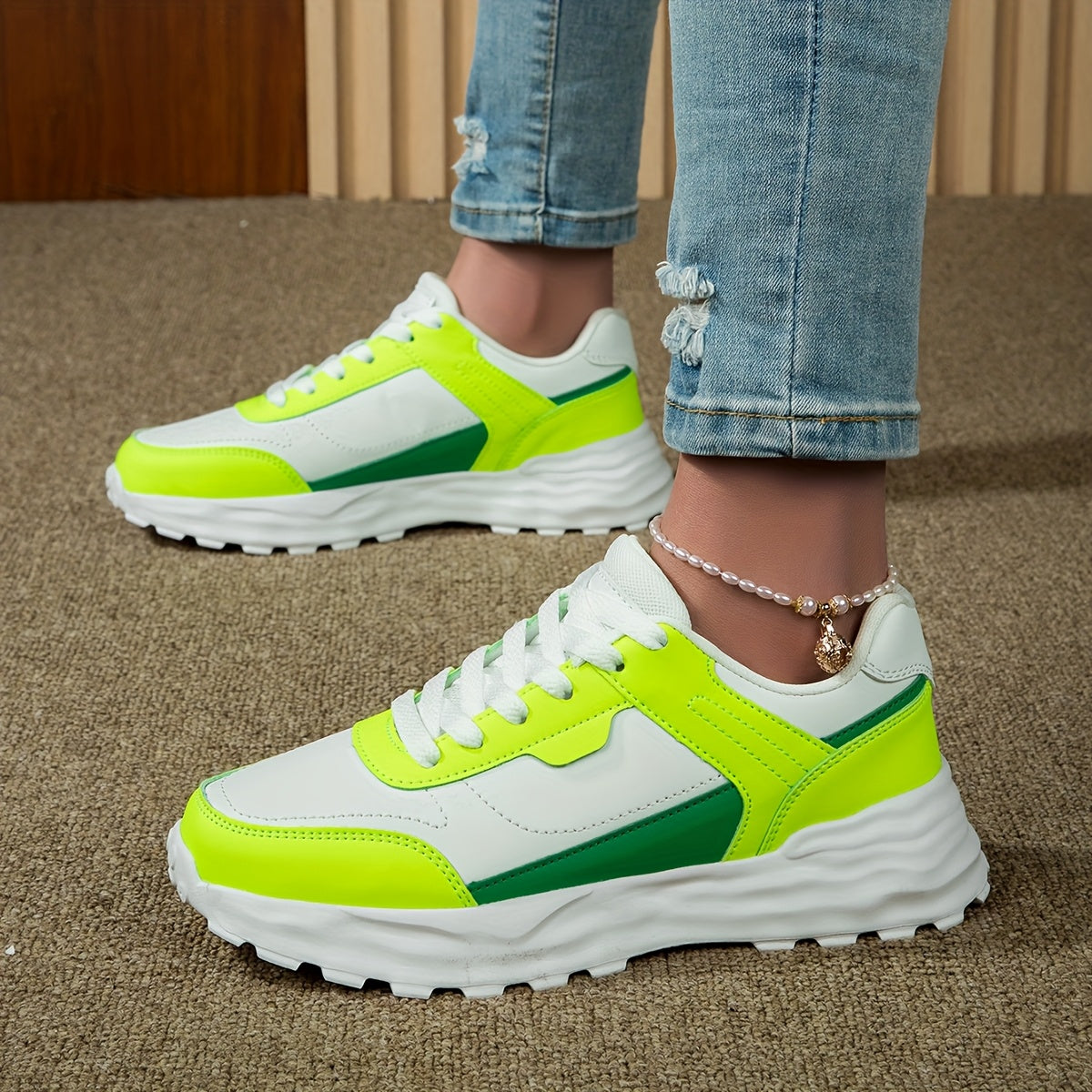 Women'S Casual Sneakers - Stylish Low-Top Lace-Up Shoes with Vibrant Neon Green & White Color Block Design, Breathable Fabric Lining, EVA Cushioned Sole for All-Season Outdoor Commuting & Casual Attire, Ladies Sneakers, Comfo MAEJORKEN