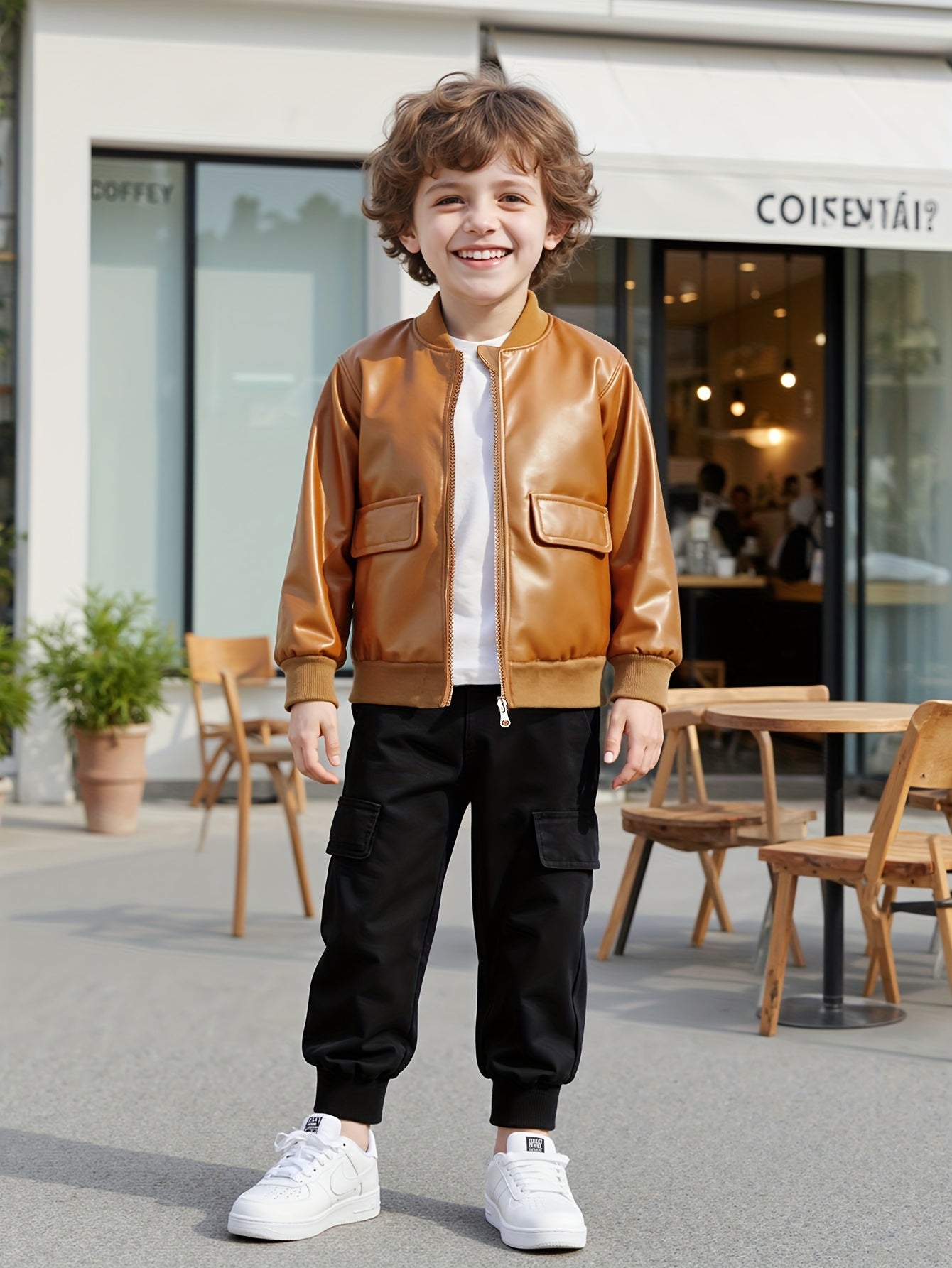 New Trendy Outfit for Boys: Brown Leather Jacket Paired with Black Cargo Pants. Simple Yet Stylish, The Leather Jacket Has a Quality Feel While The Cargo Pants Are Cool And Trendy. The Color Combination Is Harmonious And Fash MAEJORKEN