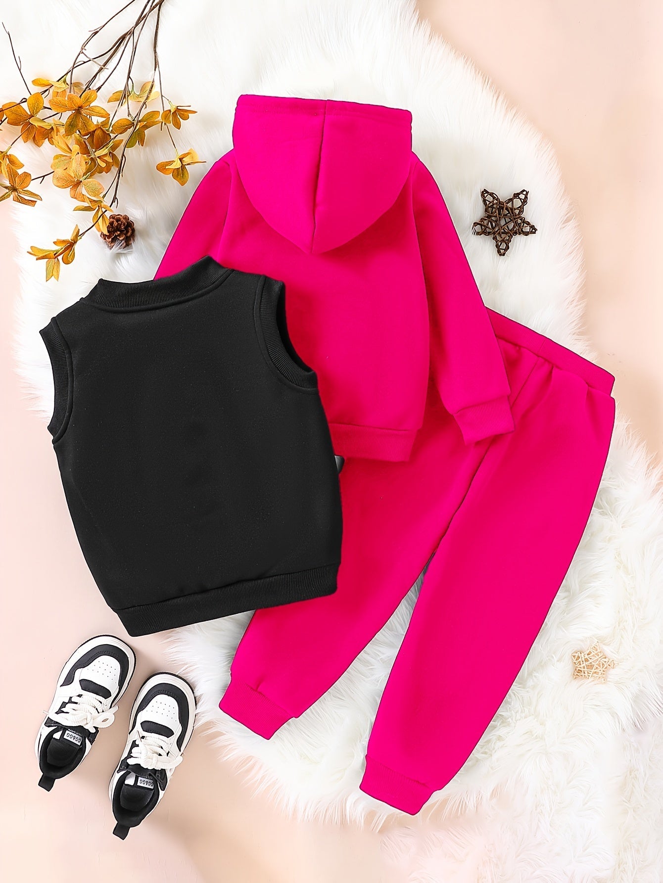 3pcs Girls' NYC Glitter Lettering & Golden Trim Winter Warmth Full-Zip Hooded Sweater & Wide-Leg Pants Set with Faux Fur Hood - Thickened Outerwear for Fall/Winter, Machine Washable - Pink & Black Lettering, White Lettering & MAEJORKEN