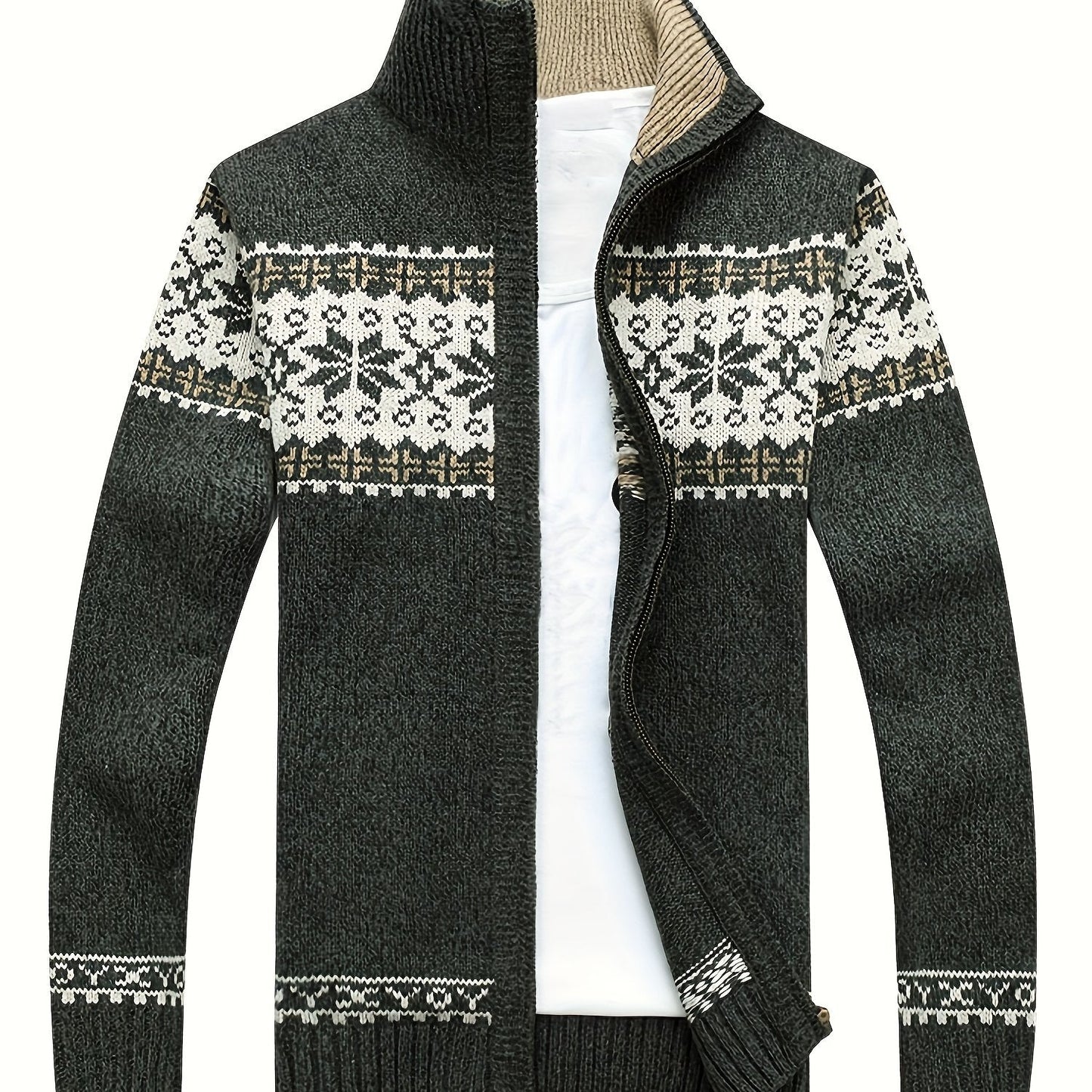 Men'S Casual Winter Knit Cardigan - Black with Intricate White Snowflake Pattern, Stand Collar, Long Sleeve, Zipper Closure, Perfect for Fall & Winter, Everyday Comfort|Stylish Winter Wear|Zippered Cardigan, Thick MAEJORKEN