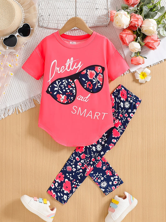 Ensemble de 2 pièces pour filles avec impression de grandes lunettes et motif de citation, t-shirt loose à épaules dénudées avec design asymétrique + leggins courts à imprimé floral du 4 au 8 ans