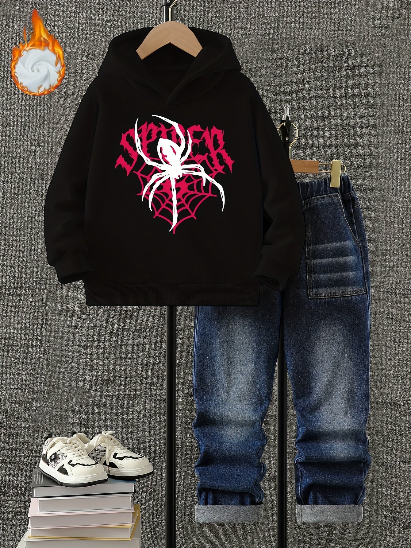 Boys' Autumn and Winter Fleece Set, Hoodie + Jeans Combo with Spider Print and "SPIDER" Design, Thickened Fleece, Suitable for Autumn and Winter Seasons, Trendy Street Style, Comfortable Warm and Cool, Perfect for Daily Wear, MAEJORKEN