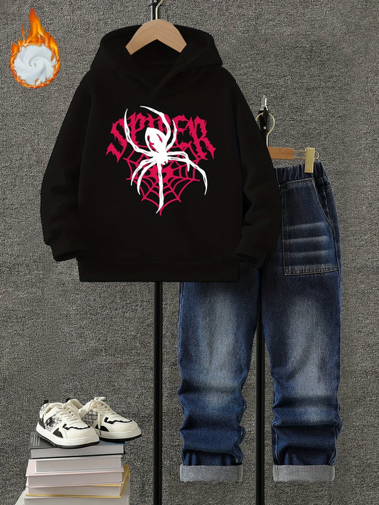 Boys' Autumn and Winter Fleece Set, Hoodie + Jeans Combo with Spider Print and "SPIDER" Design, Thickened Fleece, Suitable for Autumn and Winter Seasons, Trendy Street Style, Comfortable Warm and Cool, Perfect for Daily Wear, MAEJORKEN
