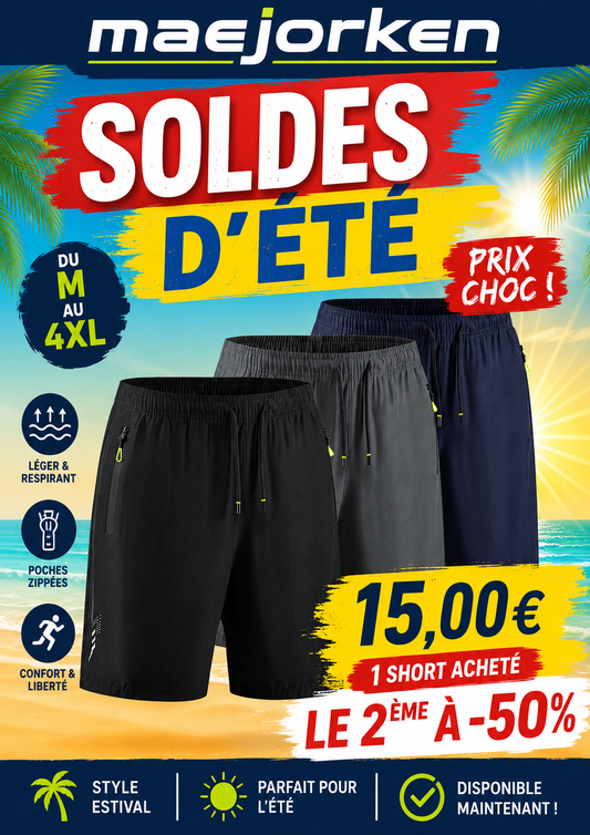 Shorts classiques d'été pour hommes, à séchage rapide nouveaux shorts décontractés d'été du M au 4XL avec poches zippées MAEJORKEN
