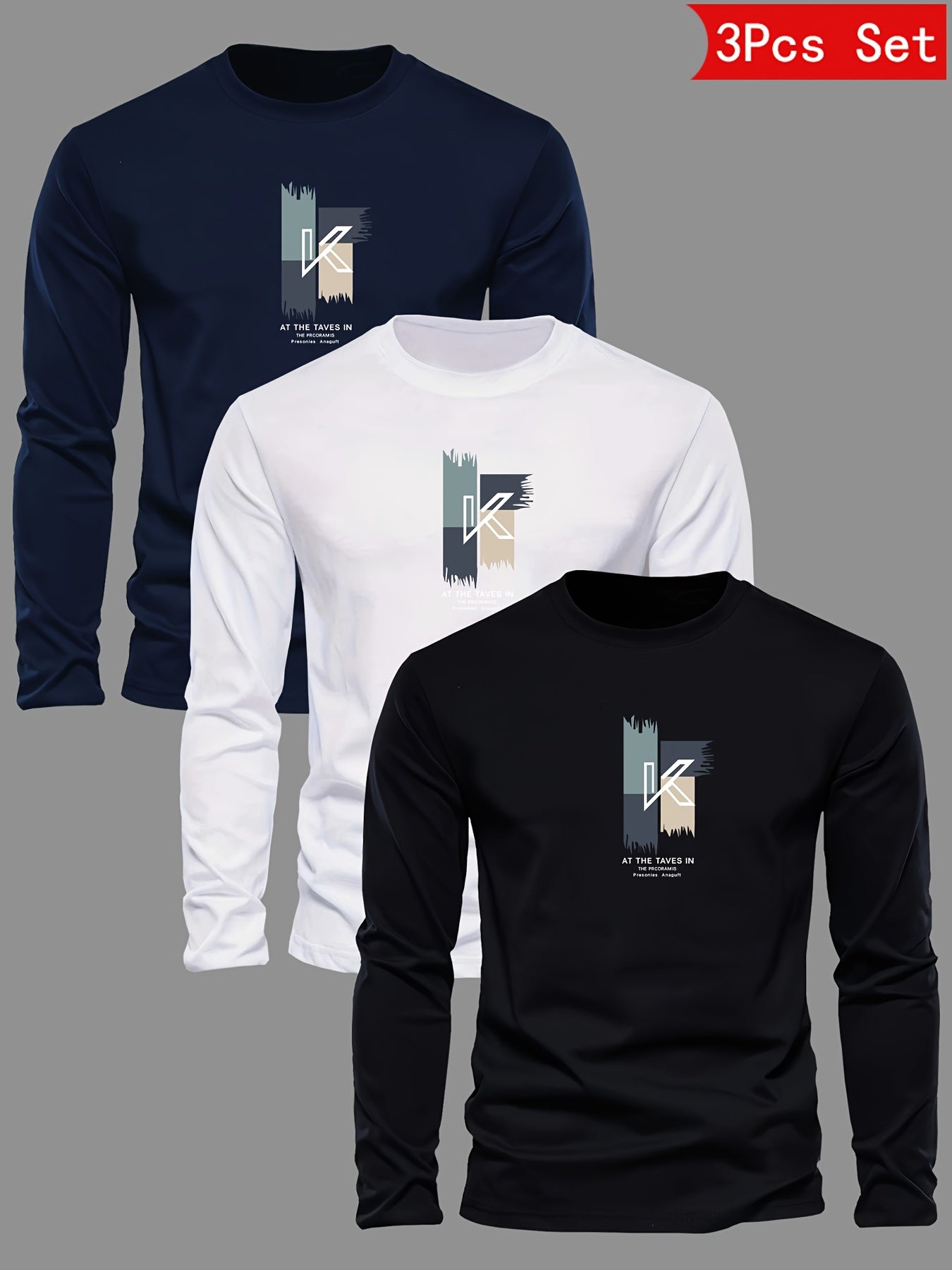 Lot de 3 t-shirts à manches longues 100% coton col rond du XS au 2XL