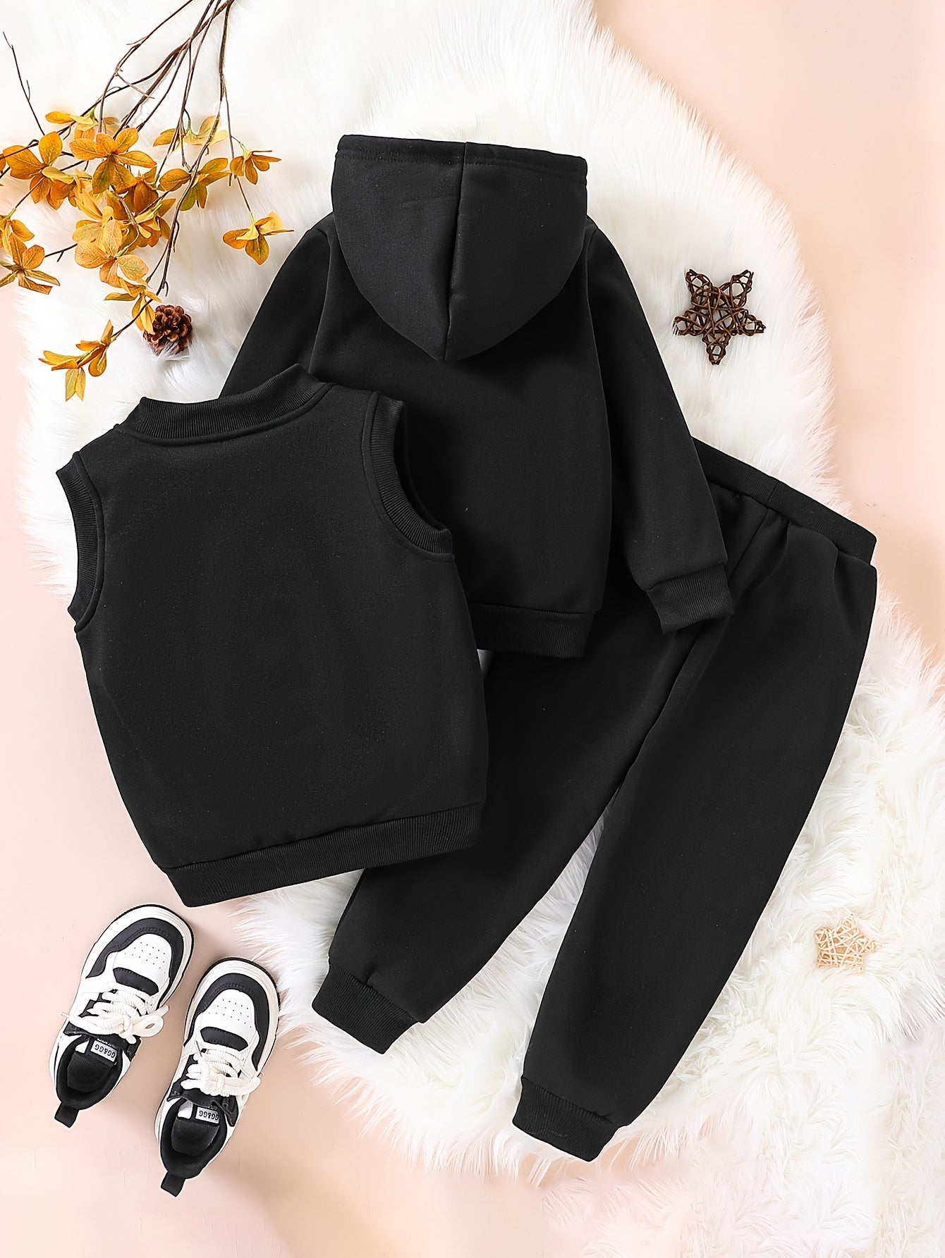 3pcs Girls' NYC Glitter Lettering & Golden Trim Winter Warmth Full-Zip Hooded Sweater & Wide-Leg Pants Set with Faux Fur Hood - Thickened Outerwear for Fall/Winter, Machine Washable - Pink & Black Lettering, White Lettering & MAEJORKEN