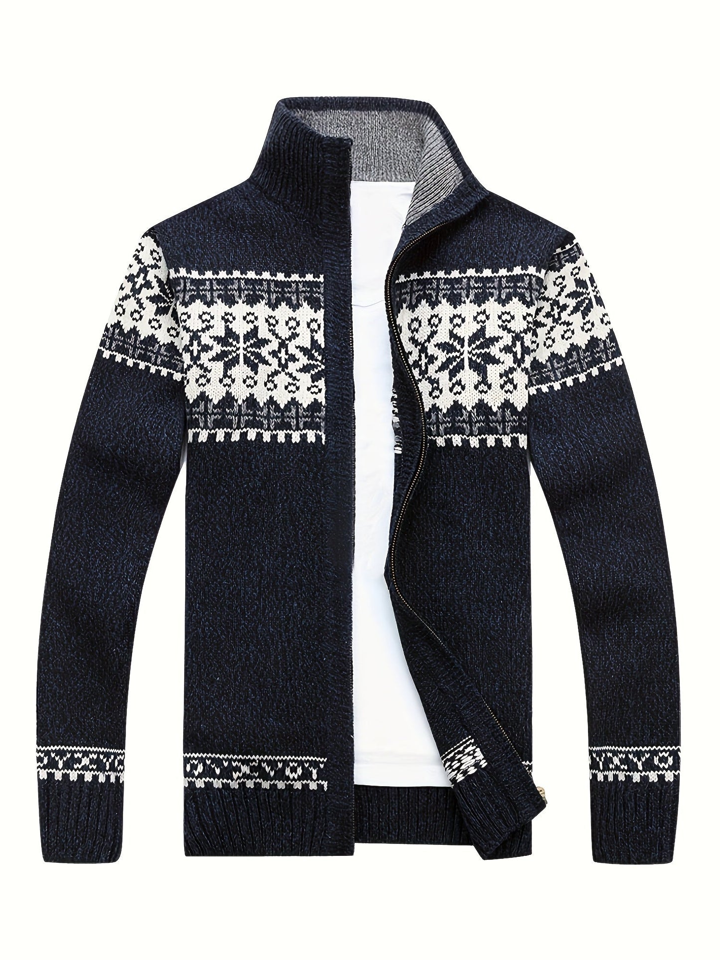 Men'S Casual Winter Knit Cardigan - Black with Intricate White Snowflake Pattern, Stand Collar, Long Sleeve, Zipper Closure, Perfect for Fall & Winter, Everyday Comfort|Stylish Winter Wear|Zippered Cardigan, Thick MAEJORKEN