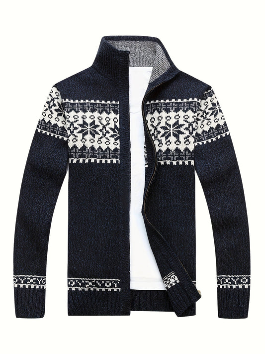 Men'S Casual Winter Knit Cardigan - Black with Intricate White Snowflake Pattern, Stand Collar, Long Sleeve, Zipper Closure, Perfect for Fall & Winter, Everyday Comfort|Stylish Winter Wear|Zippered Cardigan, Thick MAEJORKEN