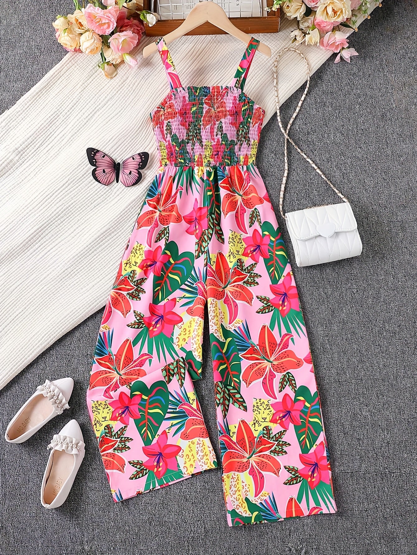 Combinaison élégante à imprimé floral avec taille froncée et design jambes larges du 7 au 16 ans