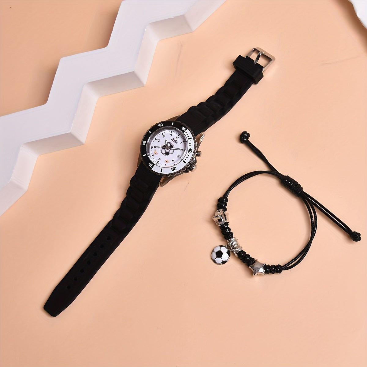 2024 New Double Movement LED Luminous Watch for Boys Football Sports Watch Adjustable Braided Rope Bracelet Set 2pcs MAEJORKEN