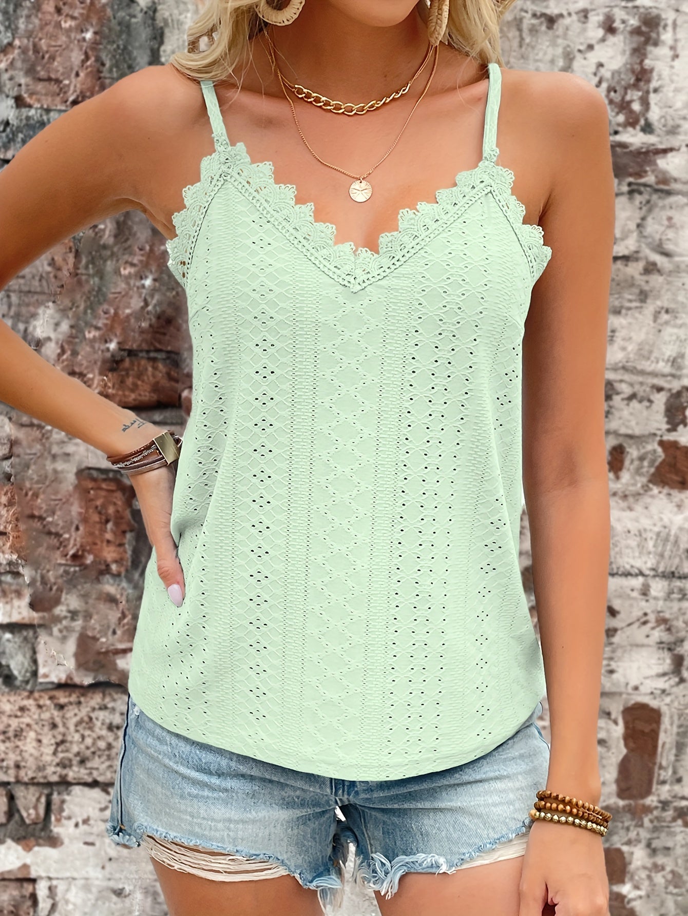 Haut en dentelle contrastée à œillets du S au 2XL
