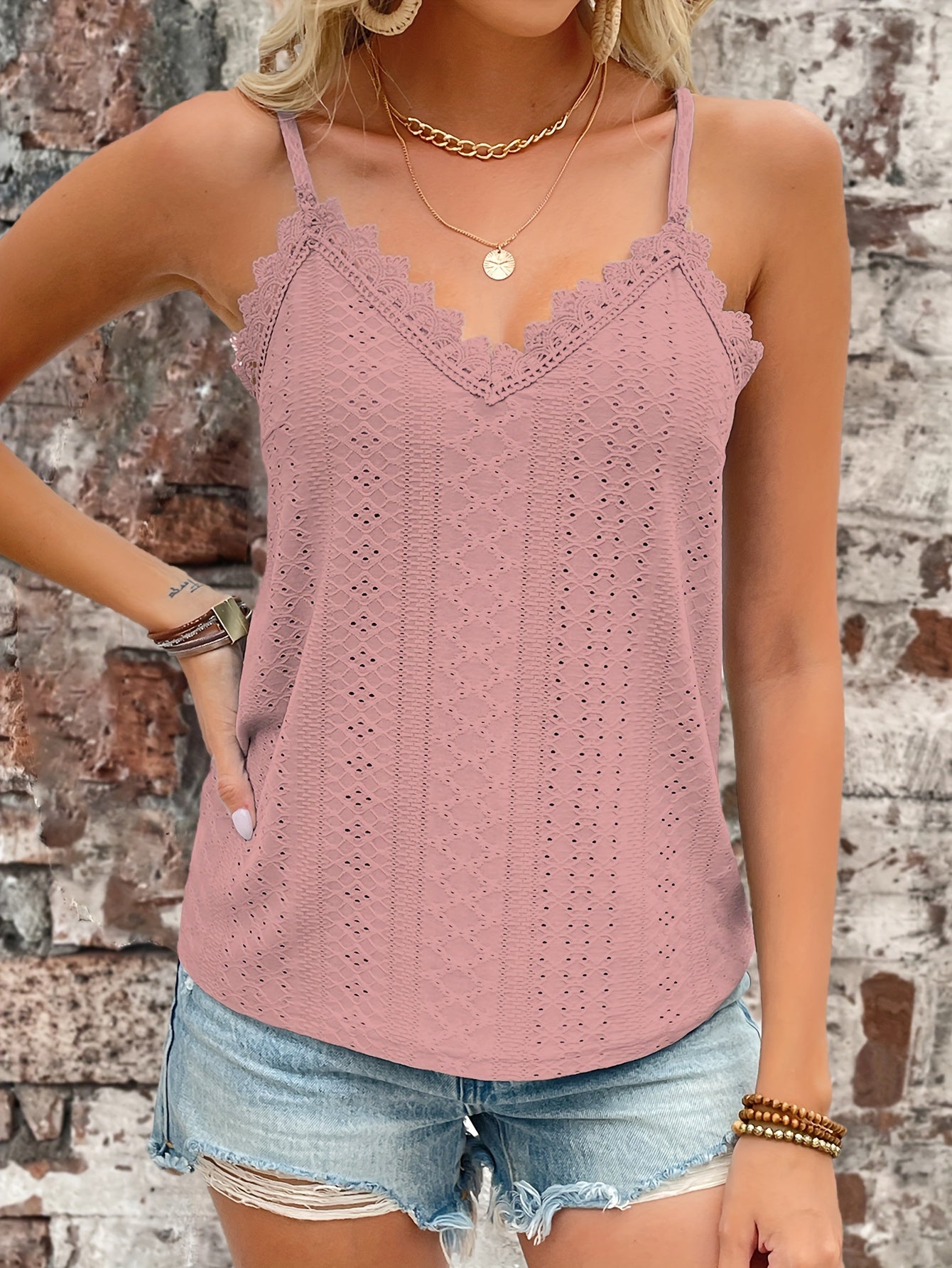 Haut en dentelle contrastée à œillets du S au 2XL