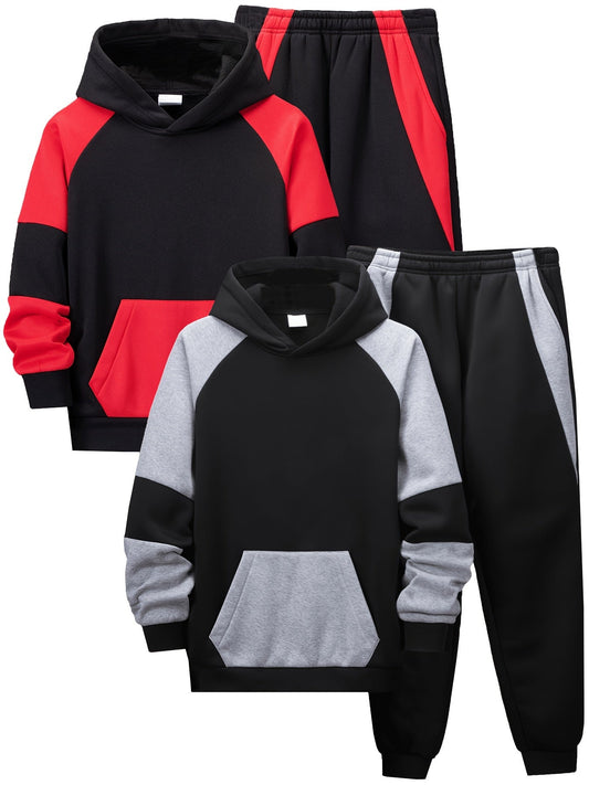 2 Sets of Classic Contrast Color Splicing Hoodie and Pants, Fashionable Casual Sports Suit for Boys and Girls, Comfortable Children's Daily Wear with Velvet in Autumn and Winter MAEJORKEN
