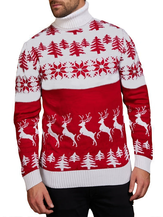 Men's Red & White Christmas Sweater with Reindeer & Snowflake Patterns - Collar Winter Knit Sweater Coat for Holiday Parties, Casual Outfits, Christmas Sweater For Men, Christmas Sweaters For Men, Christmas Jumper For Men, Ch MAEJORKEN