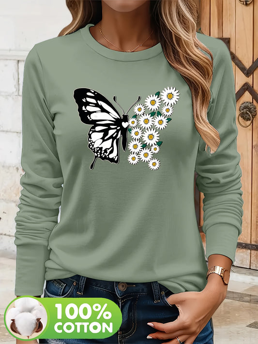 Pull à manches longues femme 100% coton imprimé papillon du S au 2XL