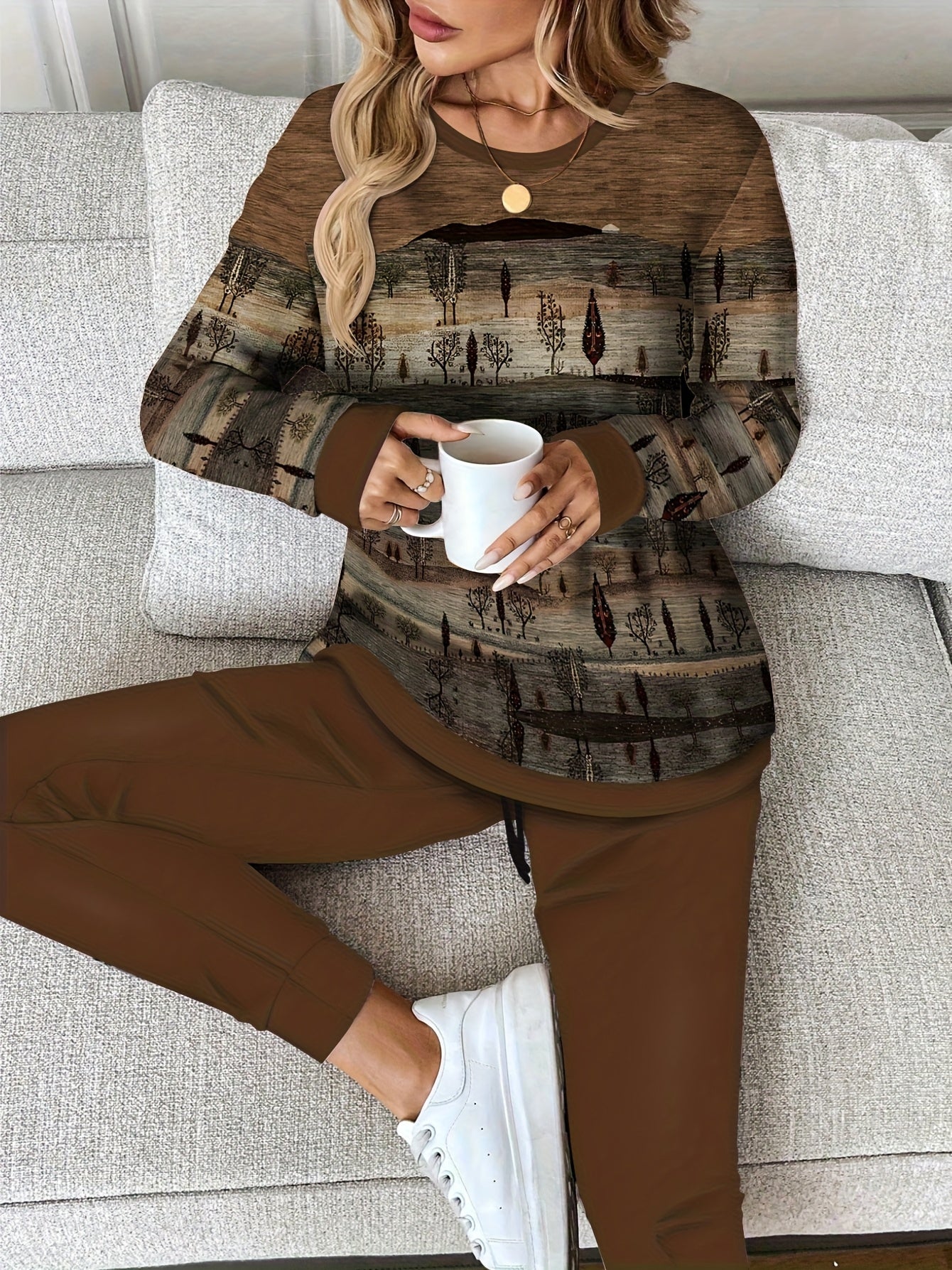 Plus Size, Autumn-Winter Fashion Plus Size Set: Soft and Lazy Atmosphere Thin Round Neck Sweatshirt and Pants Set - No Accessories MAEJORKEN