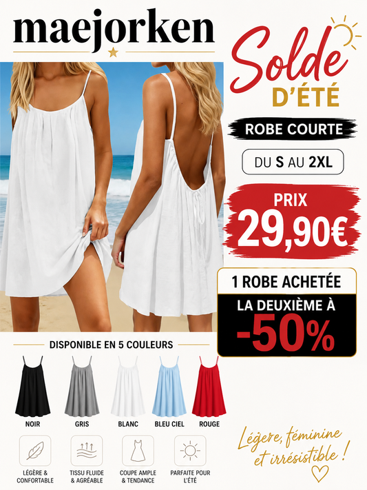 Robe sexy dos nu pour femmes, couleur unie, coupe ample, sans manches, robe courte réglable avec bretelles, robe d'été pour vacances à la plage du S au 2XL MAEJORKEN