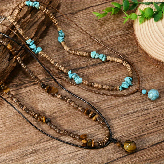 Ensemble élégant de collier 2 pièces en œil du tigre et coquille de noix de coco ( Coffret non inclus )) MAEJORKEN
