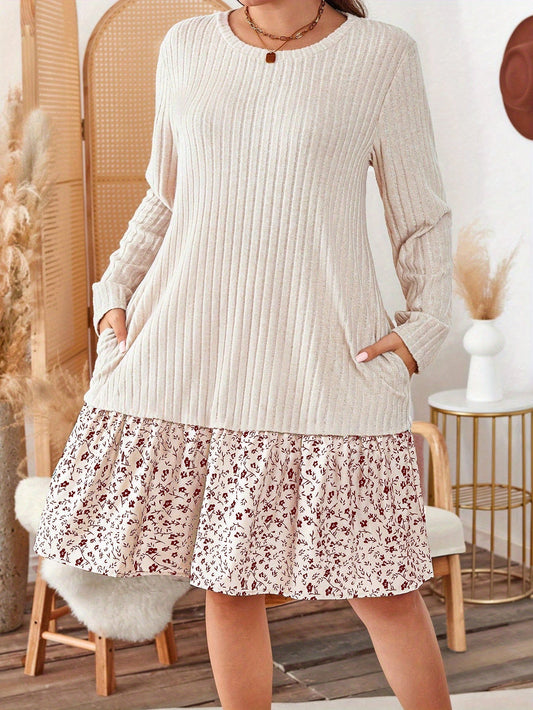 Plus Size - Elegant Long Sleeve Ribbed Dress with Pockets - Crew Neck, Plus Size, Solid Color Floral Detail, Flared Skirt, Perfect for Fall/Winter, Casual Elegance | Crew Neck Dress | Comfortable Fit MAEJORKEN