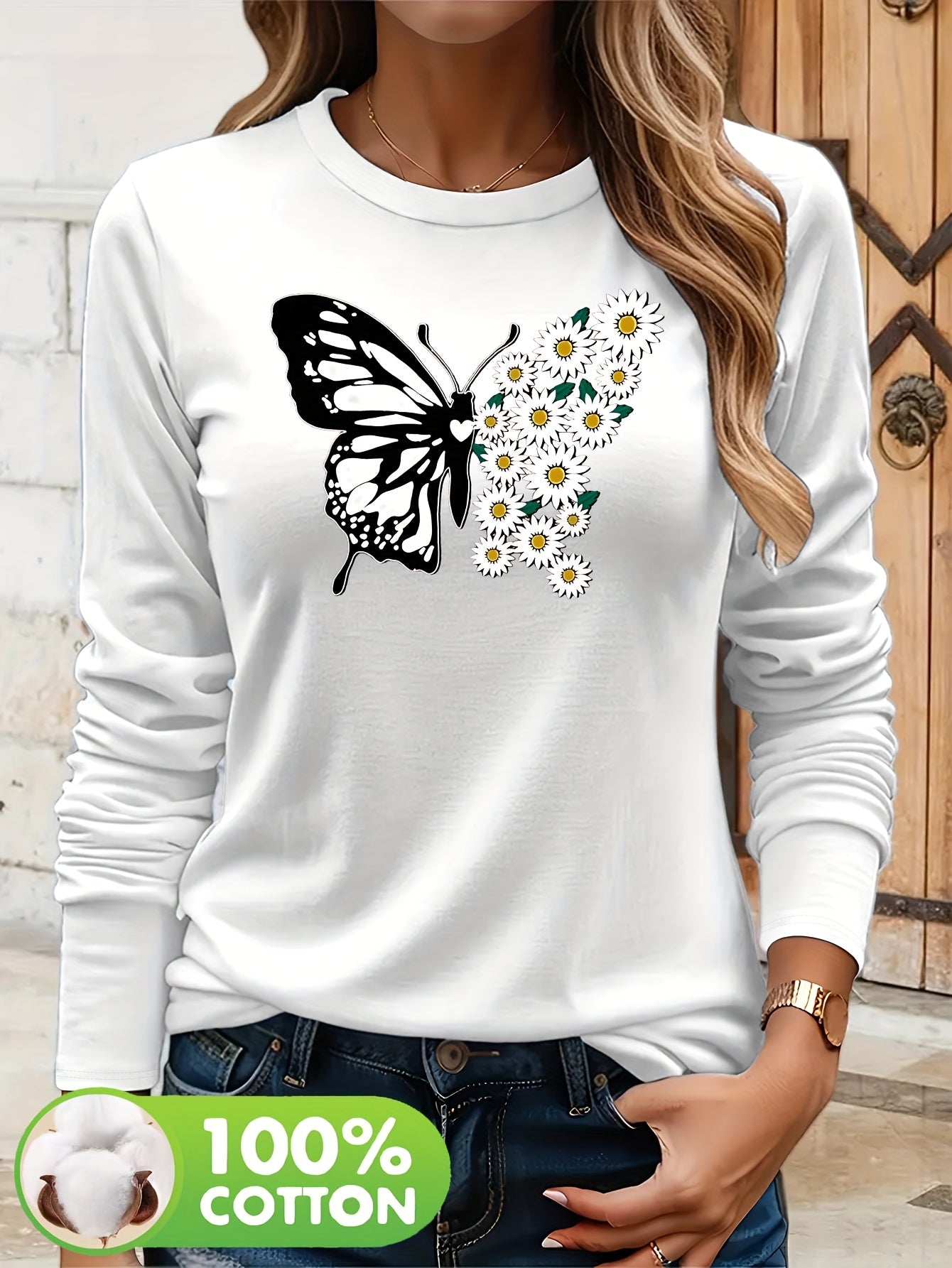 Pull à manches longues femme 100% coton imprimé papillon du S au 2XL