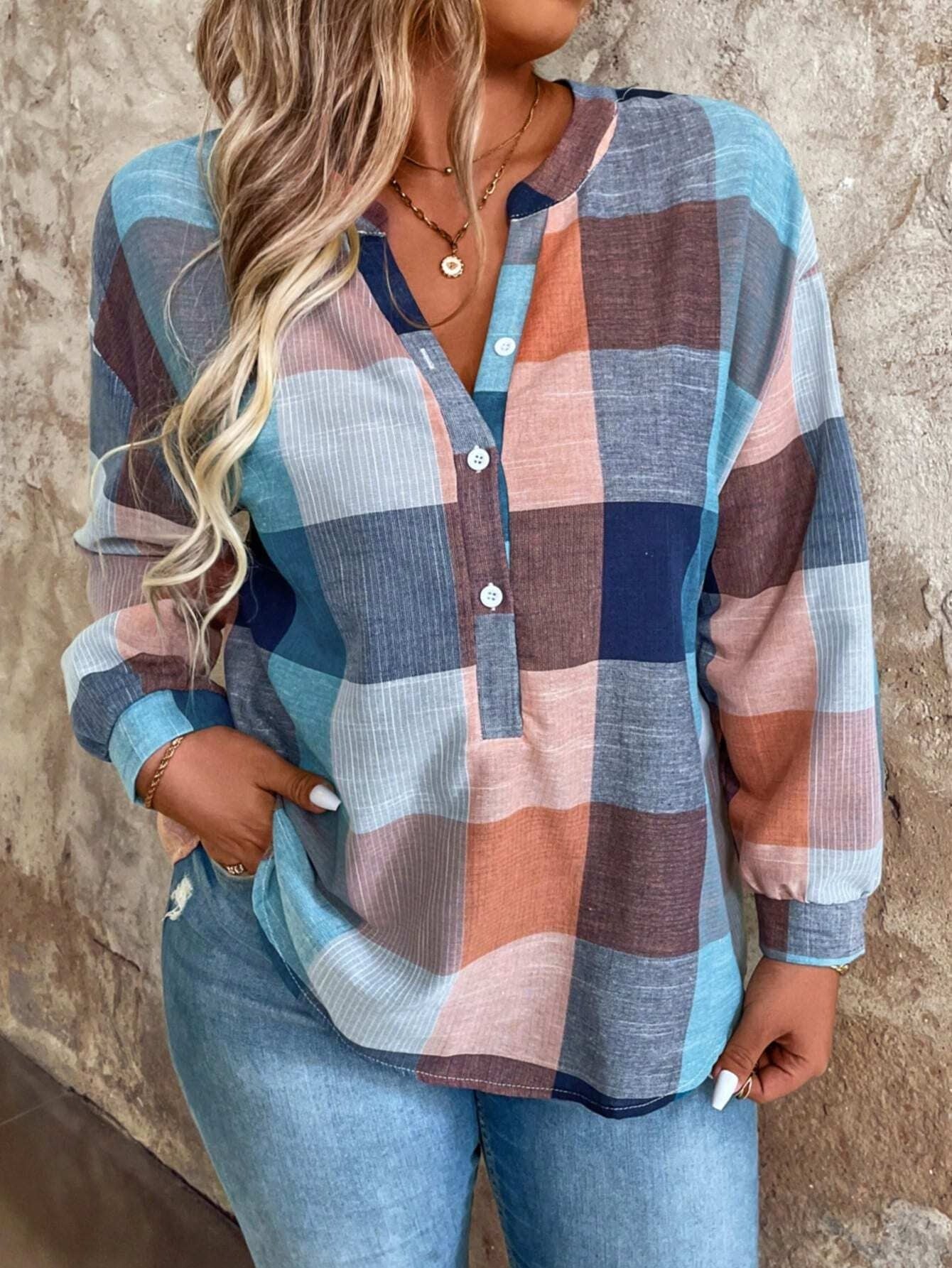 Women's Elegant Plaid Shirt - Multicolor Checkered Blouse (Pink/Blue/Beige/Turquoise) | Short Sleeve Button-Up Collar, Wrinkle-Resistant Casual & Office Wear | Spring/Fall Layering Top | Machine Washable Non-Stretch Shirt MAEJORKEN