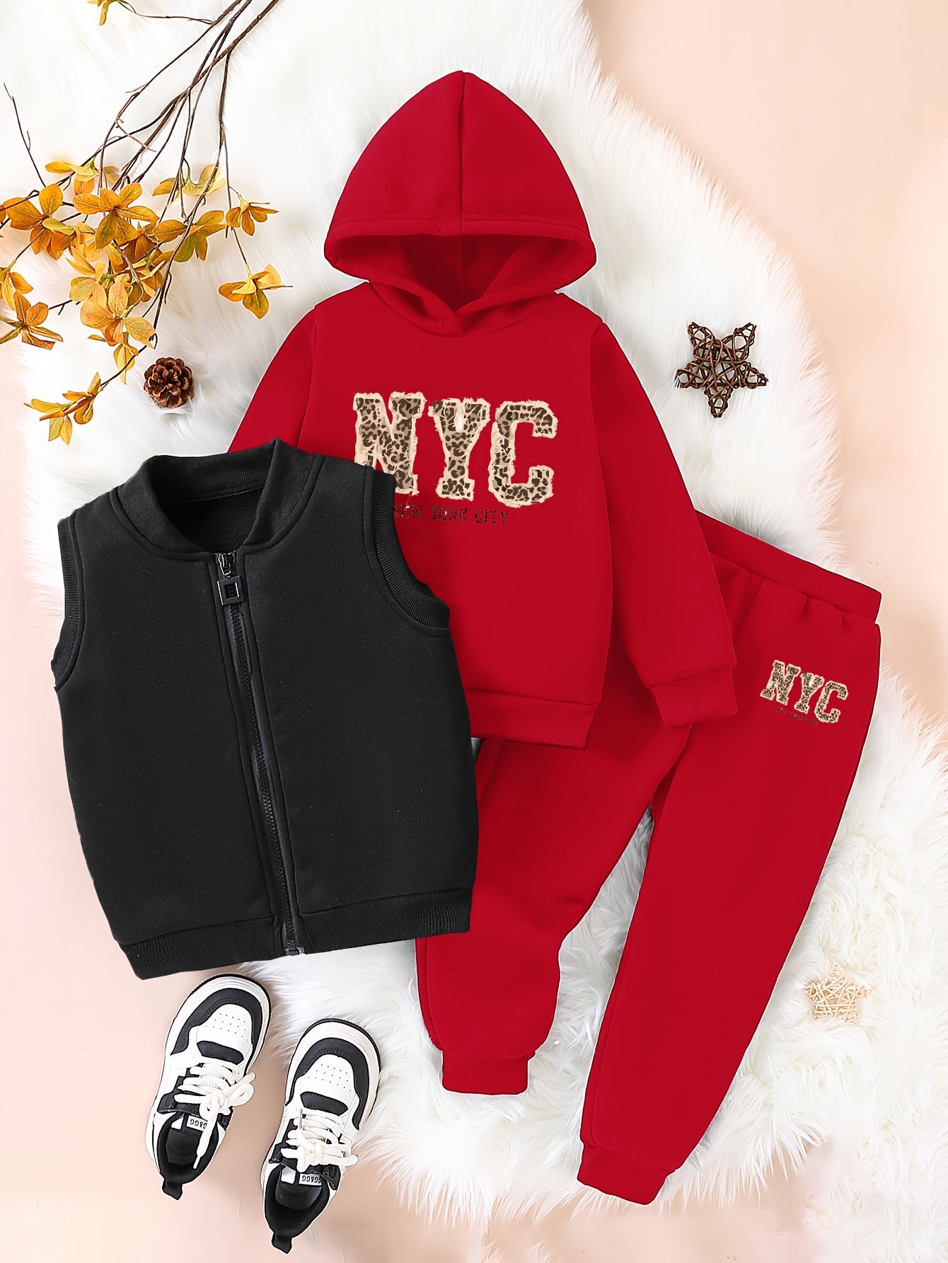 3pcs Girls' NYC Glitter Lettering & Golden Trim Winter Warmth Full-Zip Hooded Sweater & Wide-Leg Pants Set with Faux Fur Hood - Thickened Outerwear for Fall/Winter, Machine Washable - Pink & Black Lettering, White Lettering & MAEJORKEN