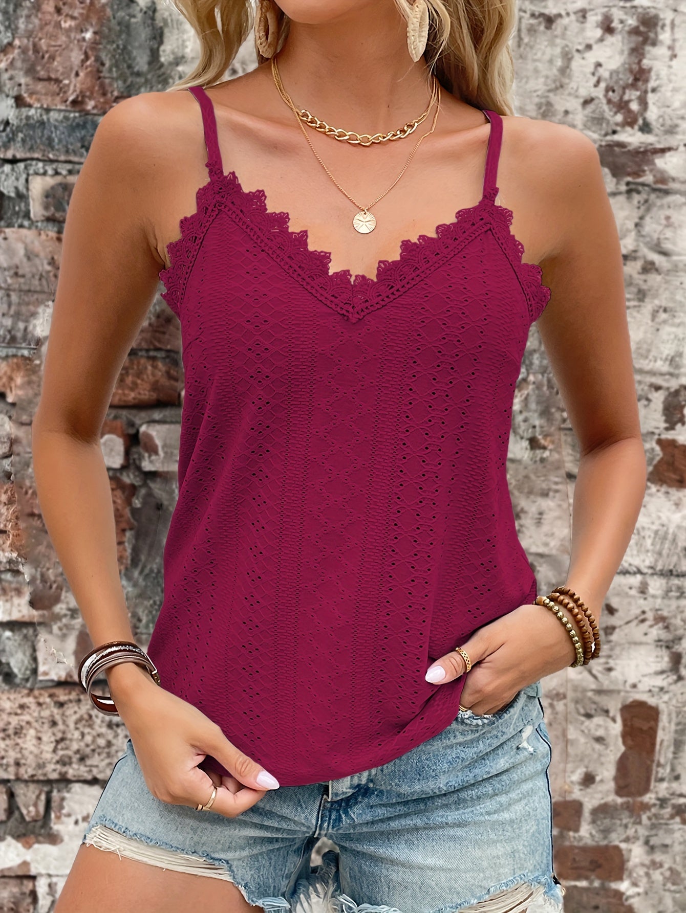 Haut en dentelle contrastée à œillets du S au 2XL