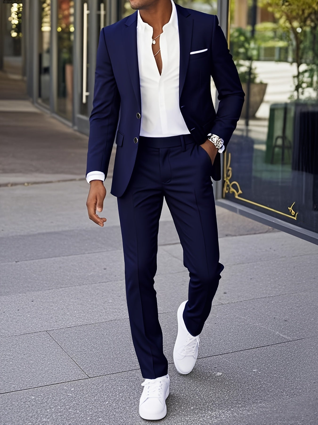 Men'S Slim-Fit Two-Piece Suit - Solid Color Notch Lapel Blazer & Pants, Long Sleeve, Button-Up, All-Season Formal Attire for Weddings, Parties, Graduations & Business Gatherings, Wedding Attire, Sophisticated Style, Nonstretc MAEJORKEN