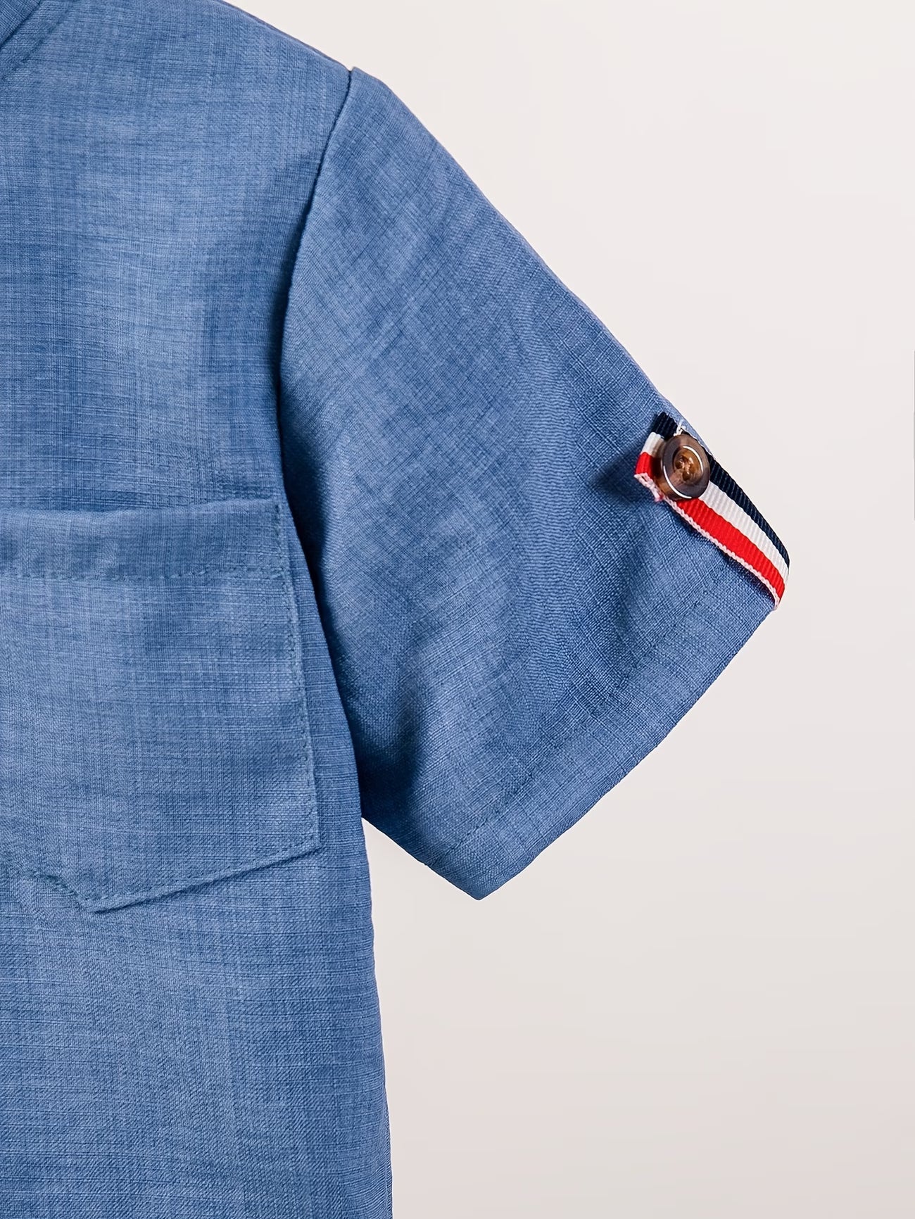 Nouveau ensemble d'été 6 pièces pour garçons, comprenant une chemise à col montant boutonnée avec poche et un short à poches avec patchwork de rubans sur les manches, facile et décontracté du 9 mois au 4 ans MAEJORKEN