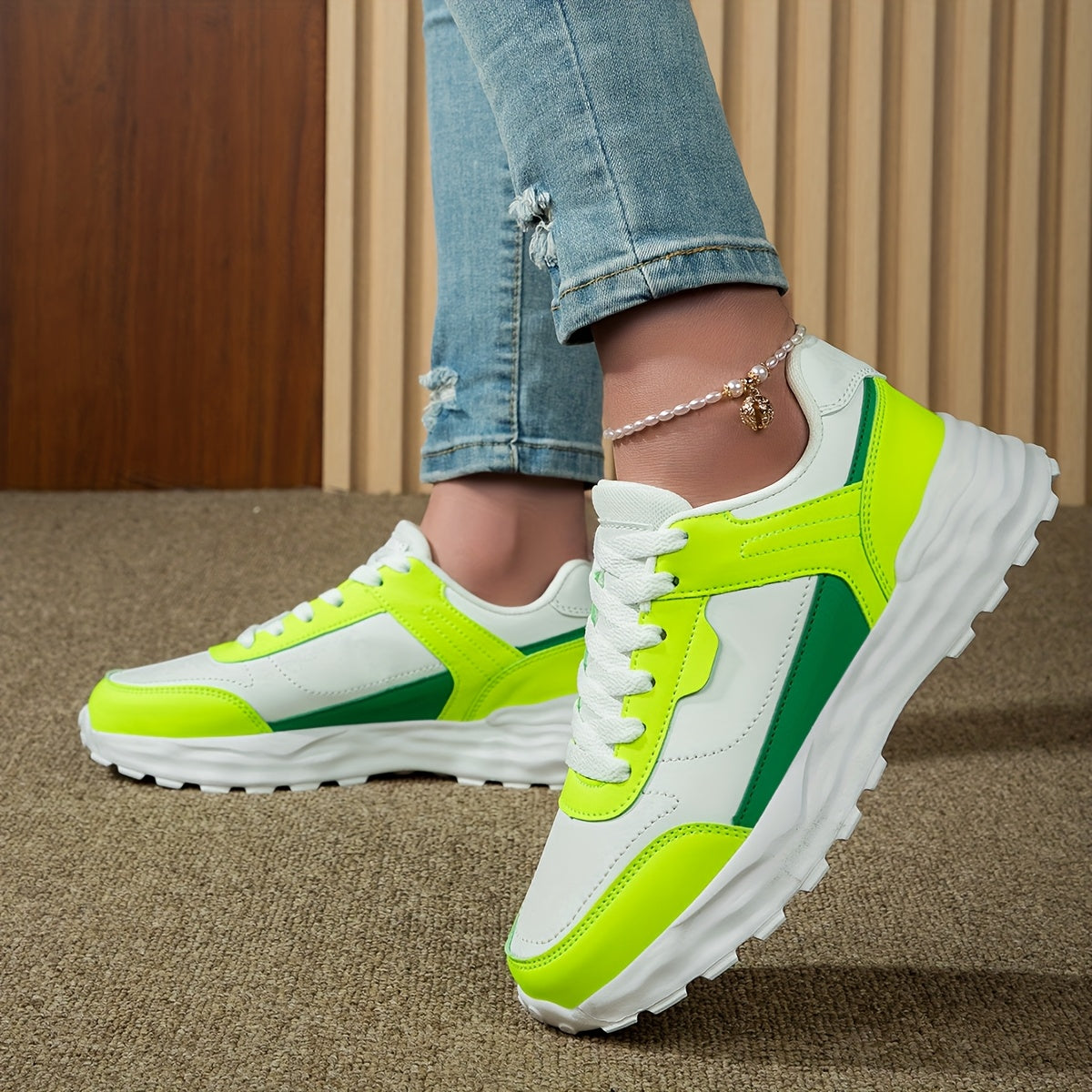 Women'S Casual Sneakers - Stylish Low-Top Lace-Up Shoes with Vibrant Neon Green & White Color Block Design, Breathable Fabric Lining, EVA Cushioned Sole for All-Season Outdoor Commuting & Casual Attire, Ladies Sneakers, Comfo MAEJORKEN