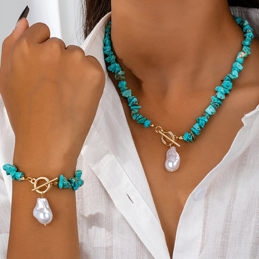 Ensemble de bijoux en perles turquoises et perles baroques collier + bracelet (coffret non inclus ) MAEJORKEN