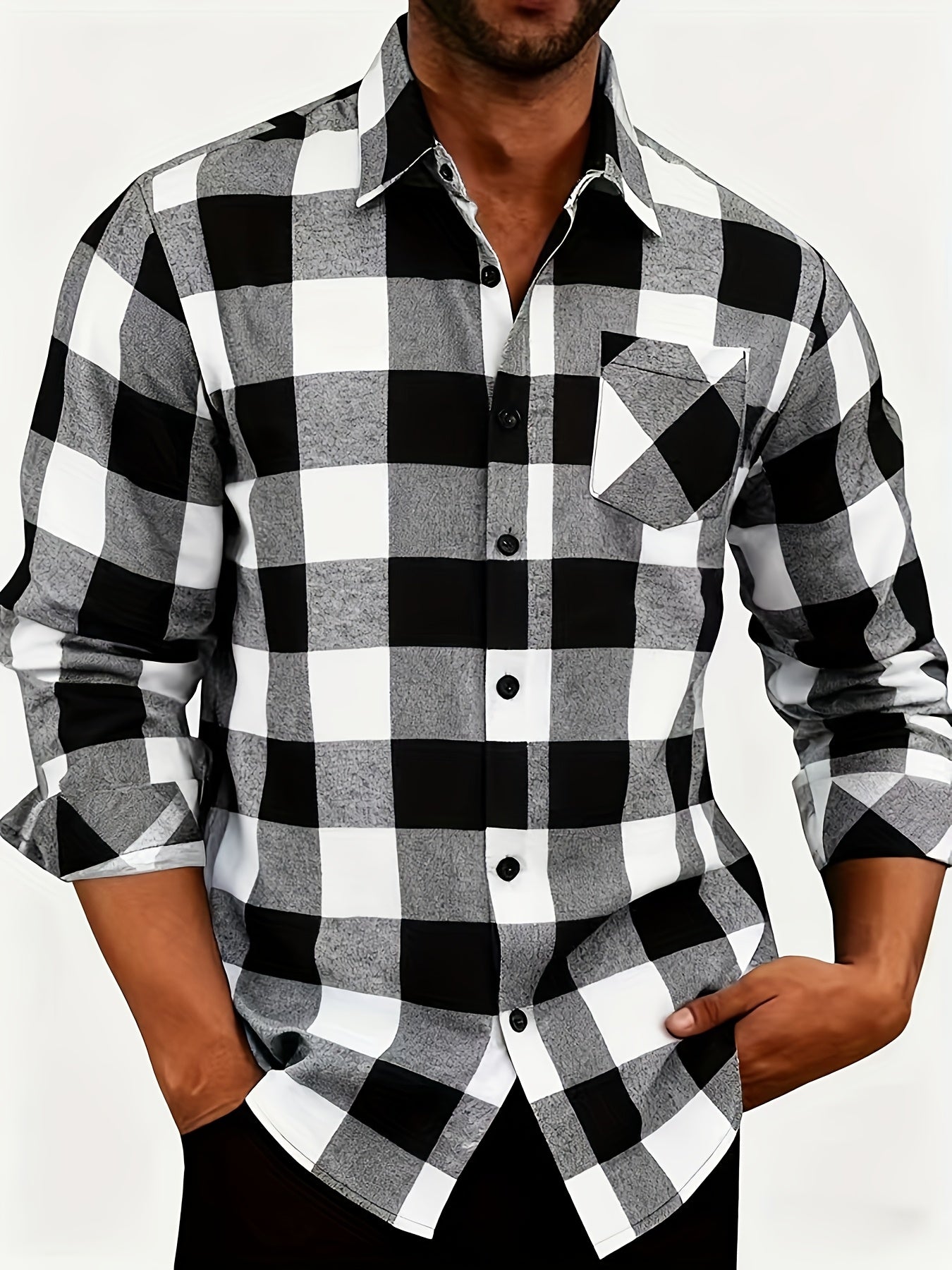 Men's Black & White Plaid Long Sleeve Shirt with Lapel Collar & Chest Pocket - Classic Checkered Button- Button-Front Coat Jacket-like Blazer for Autumn/Winter, Casual & Formal Events (Machine Washable) MAEJORKEN