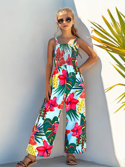 Combinaison élégante à imprimé floral avec taille froncée et design jambes larges du 7 au 16 ans