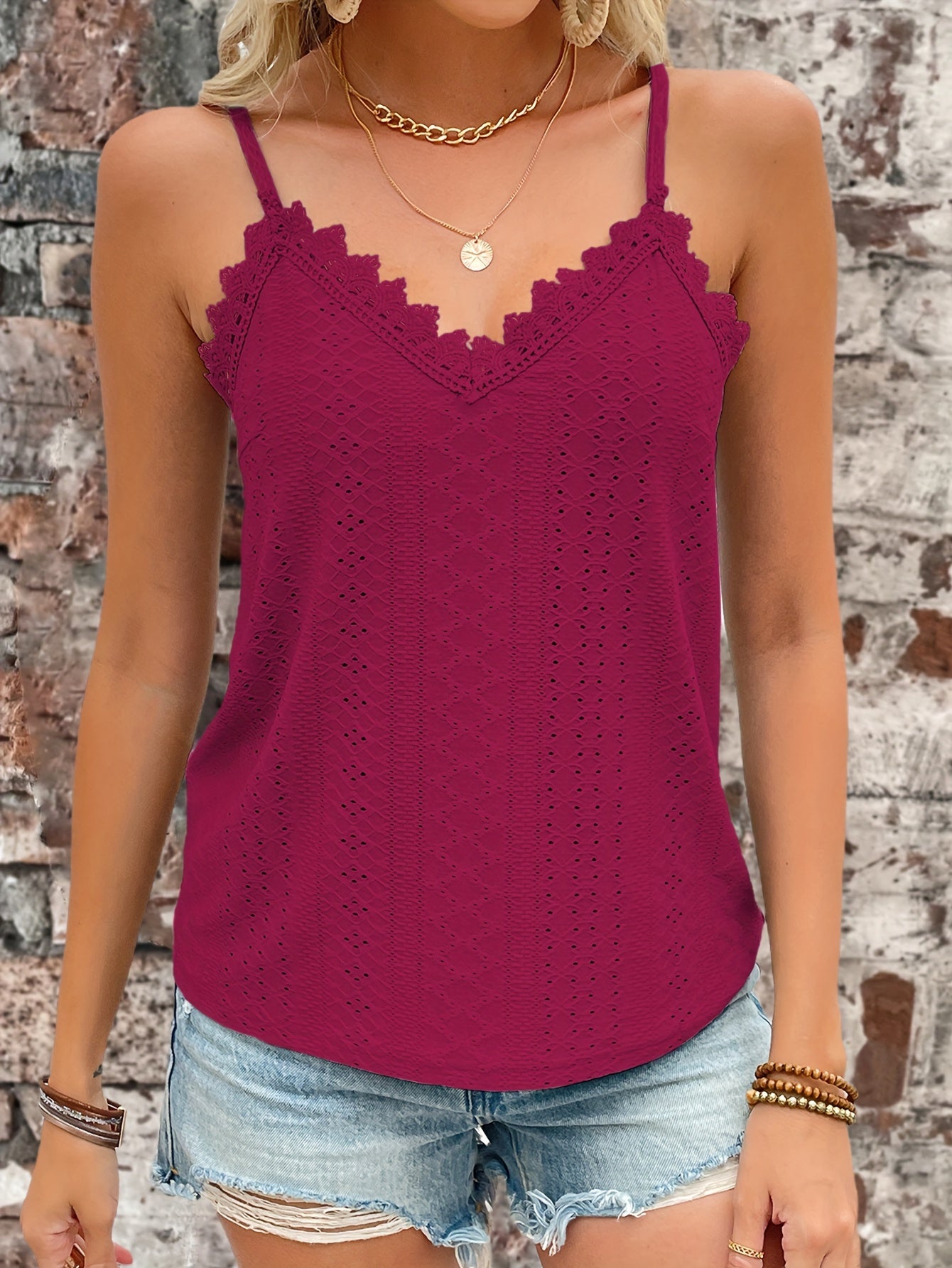 Haut en dentelle contrastée à œillets du S au 2XL