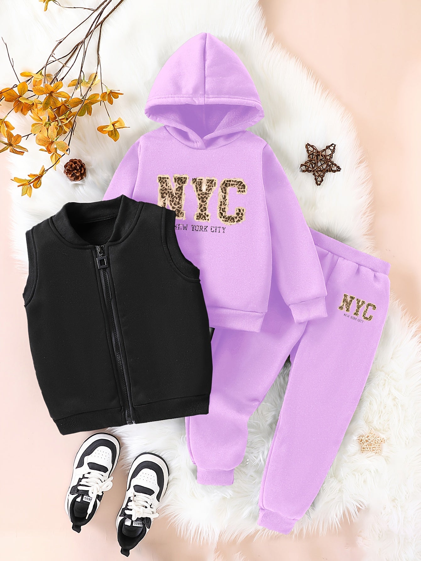 3pcs Girls' NYC Glitter Lettering & Golden Trim Winter Warmth Full-Zip Hooded Sweater & Wide-Leg Pants Set with Faux Fur Hood - Thickened Outerwear for Fall/Winter, Machine Washable - Pink & Black Lettering, White Lettering & MAEJORKEN