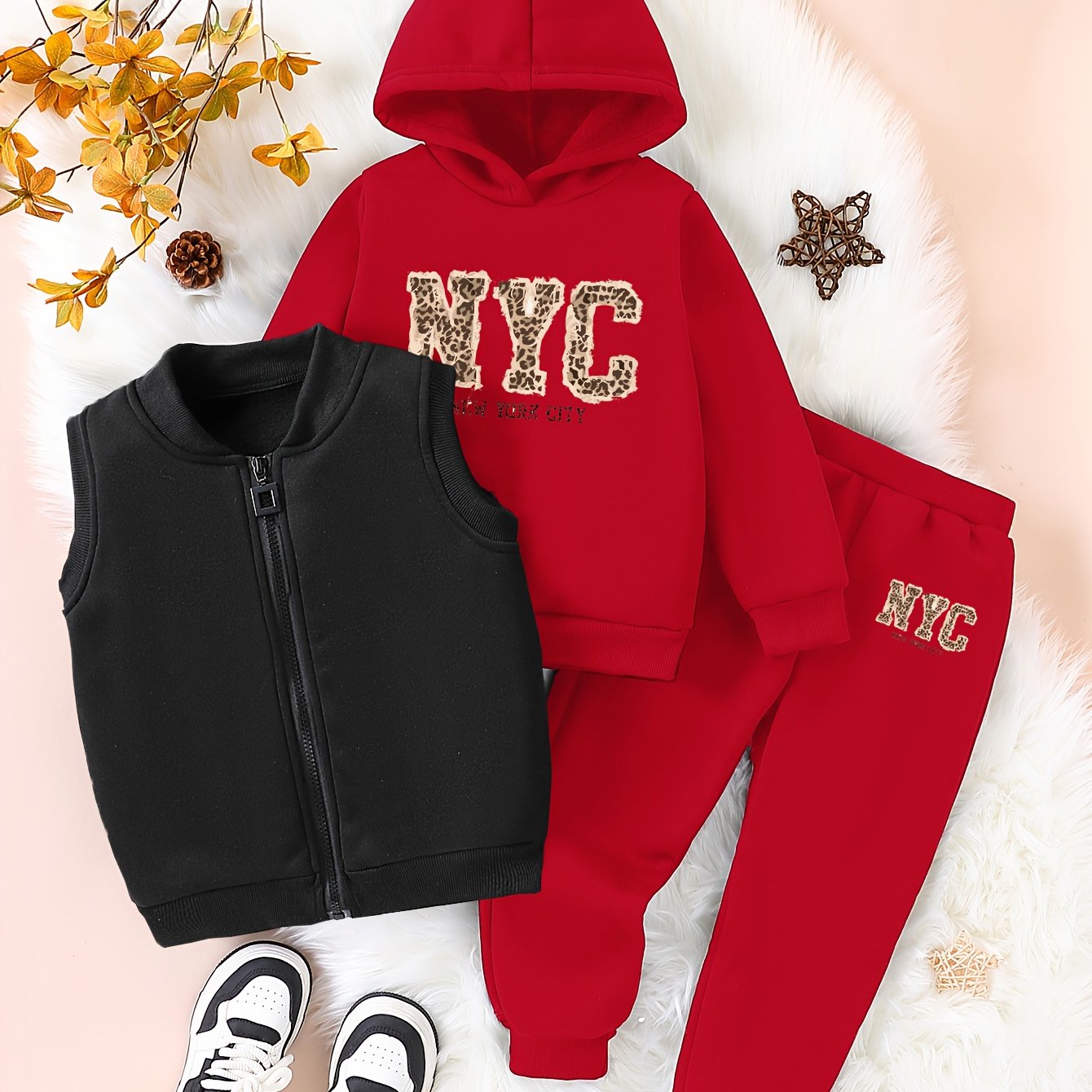 3pcs Girls' NYC Glitter Lettering & Golden Trim Winter Warmth Full-Zip Hooded Sweater & Wide-Leg Pants Set with Faux Fur Hood - Thickened Outerwear for Fall/Winter, Machine Washable - Pink & Black Lettering, White Lettering & MAEJORKEN