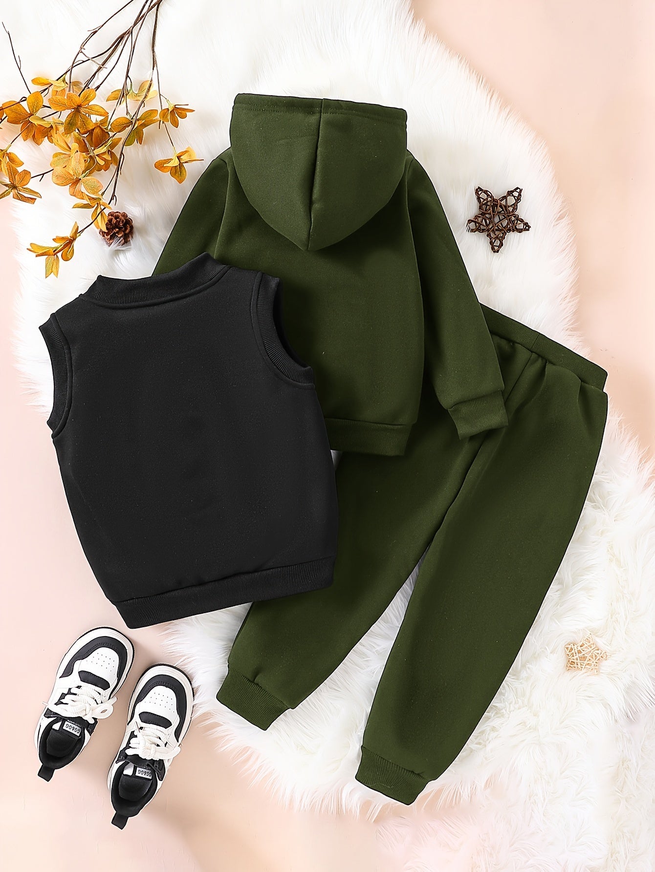 3pcs Girls' NYC Glitter Lettering & Golden Trim Winter Warmth Full-Zip Hooded Sweater & Wide-Leg Pants Set with Faux Fur Hood - Thickened Outerwear for Fall/Winter, Machine Washable - Pink & Black Lettering, White Lettering & MAEJORKEN